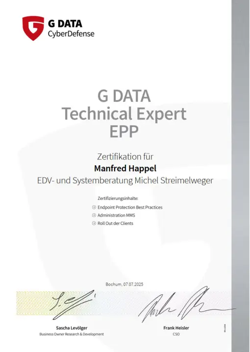 Bild zeigt aktuelles Zertifikat und symbolisiert unsere ständige Weiterbildung von Kenntnissen und Fähigkeiten.