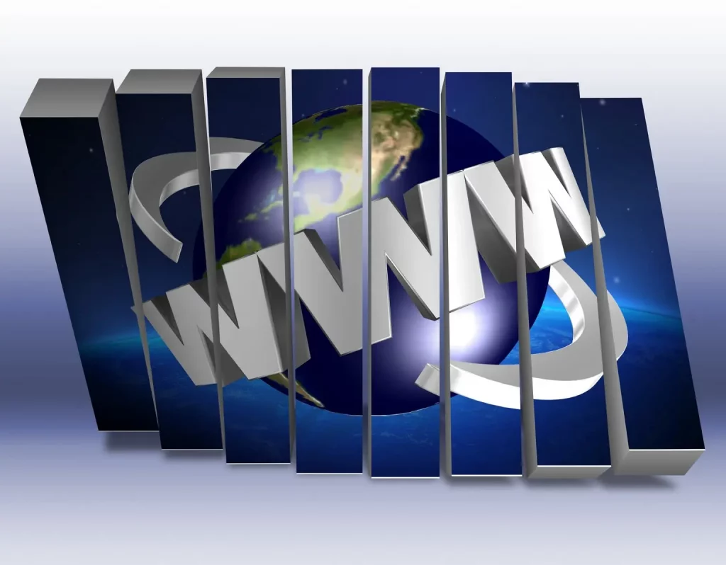 WWW-um-Erdball-abgebildet-auf-geneigten-Bloecken