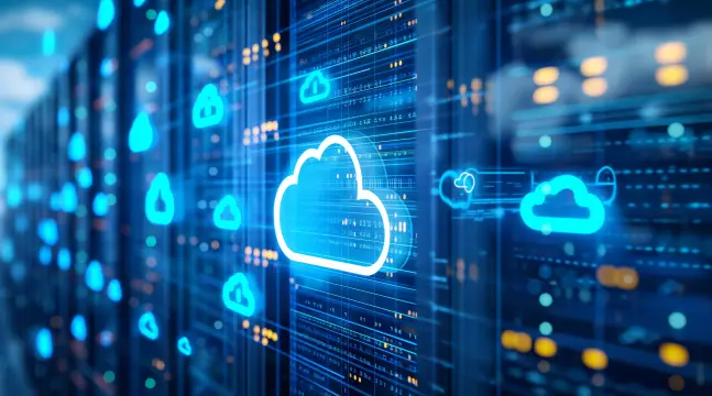 Rechenzentrum mit Cloudsymbolen