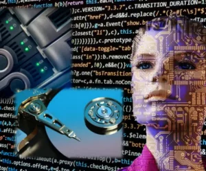Programmcode mit Hardwareteilen und Frauenkopf symbolisiert Hard- und Software